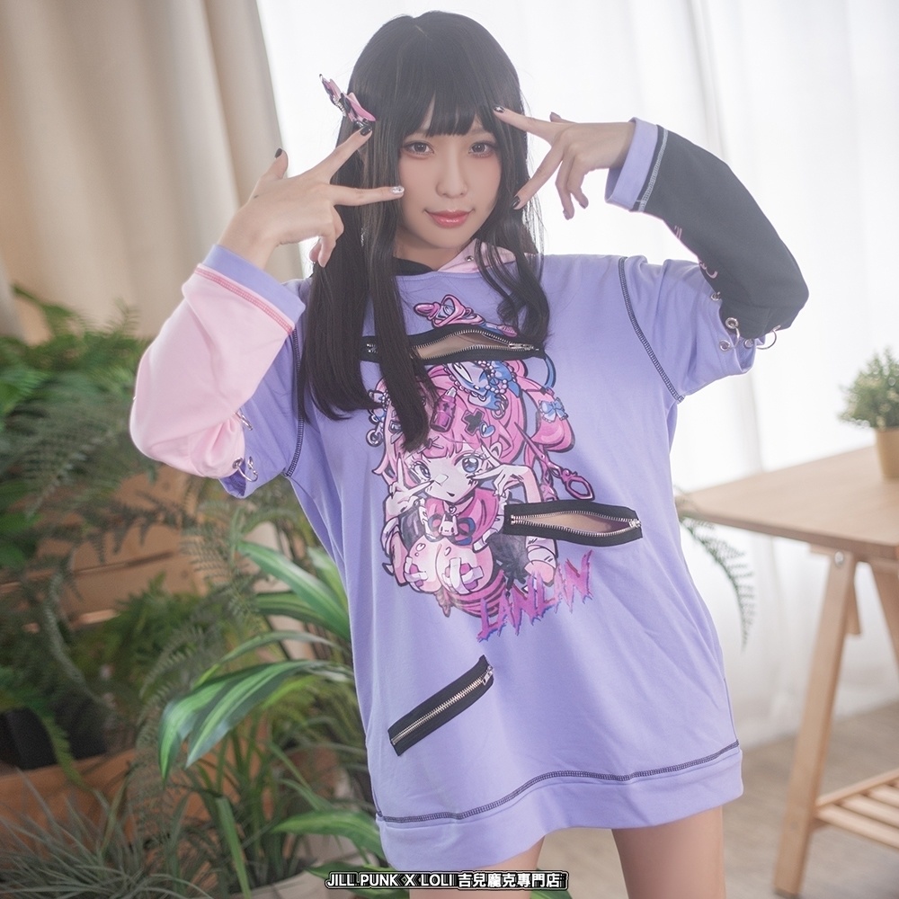 Jillpunk台湾刺青師𝐋𝐀𝐍 𝐋𝐀𝐍 小海綿綿コラボ シャンプー戦士 コントラスト色 個性的 イラスト メンヘラ 派手カワ チャックキーホール アームカバー付き ゆったり 半袖パーカー 美少女 オリジナル 可愛い おしゃれ ファッション 原宿系