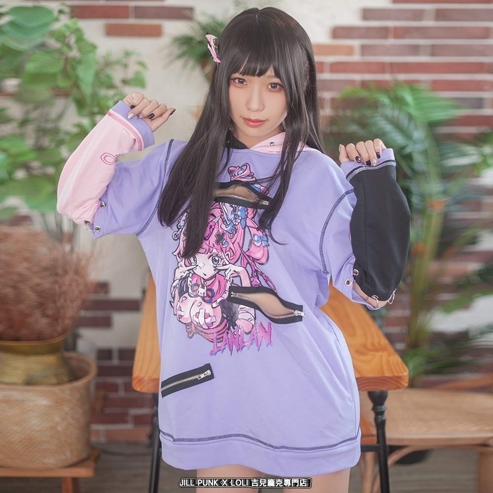 Jillpunk台湾刺青師𝐋𝐀𝐍 𝐋𝐀𝐍 小海綿綿コラボ シャンプー戦士 コントラスト色 個性的 イラスト メンヘラ 派手カワ チャックキーホール アームカバー付き ゆったり 半袖パーカー 美少女 オリジナル 可愛い おしゃれ ファッション 原宿系