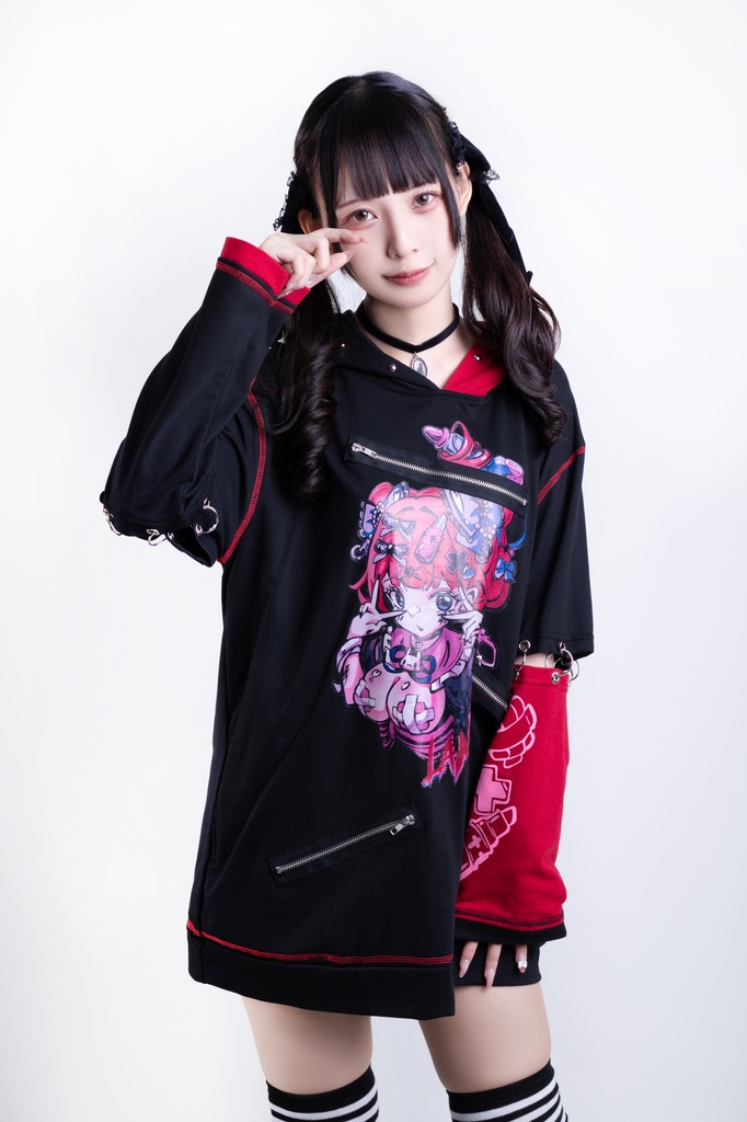 Jillpunk台湾刺青師𝐋𝐀𝐍 𝐋𝐀𝐍 小海綿綿コラボ シャンプー戦士 コントラスト色 個性的 イラスト メンヘラ 派手カワ チャックキーホール アームカバー付き ゆったり 半袖パーカー 美少女 オリジナル 可愛い おしゃれ ファッション 原宿系