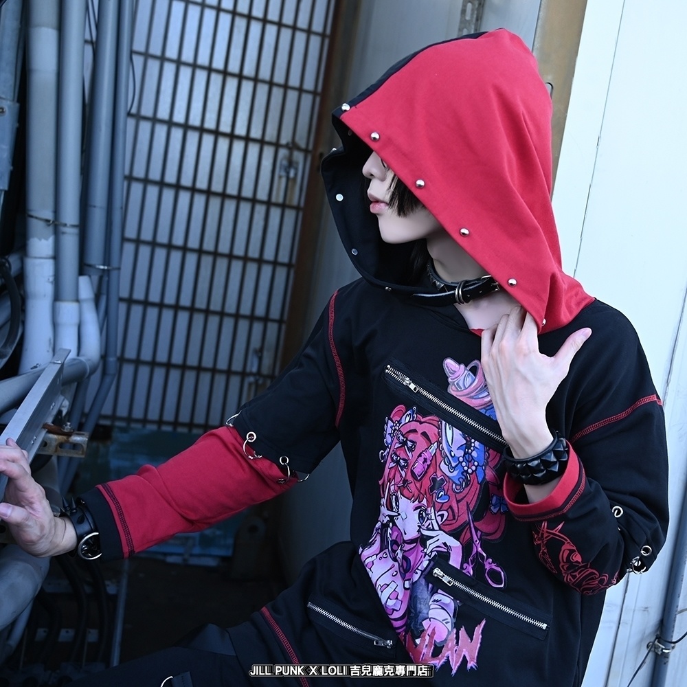 Jillpunk台湾刺青師𝐋𝐀𝐍 𝐋𝐀𝐍 小海綿綿コラボ シャンプー戦士 コントラスト色 個性的 イラスト メンヘラ 派手カワ チャックキーホール アームカバー付き ゆったり 半袖パーカー 美少女 オリジナル 可愛い おしゃれ ファッション 原宿系