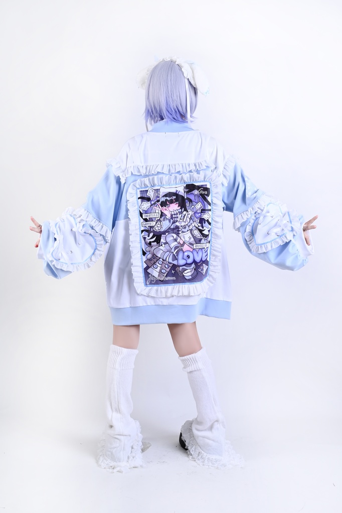 Jillpunk台湾刺青師hojia.desuneコラボ アニメ界隈 天使の処方箋 地雷系 水色系統 イラスト メンヘラ 派手カワ チャイナボタン リボン付き フリル ゆったり 長袖ジャケット 美少女 オリジナル 天使可愛い おしゃれ ファッション 原宿系