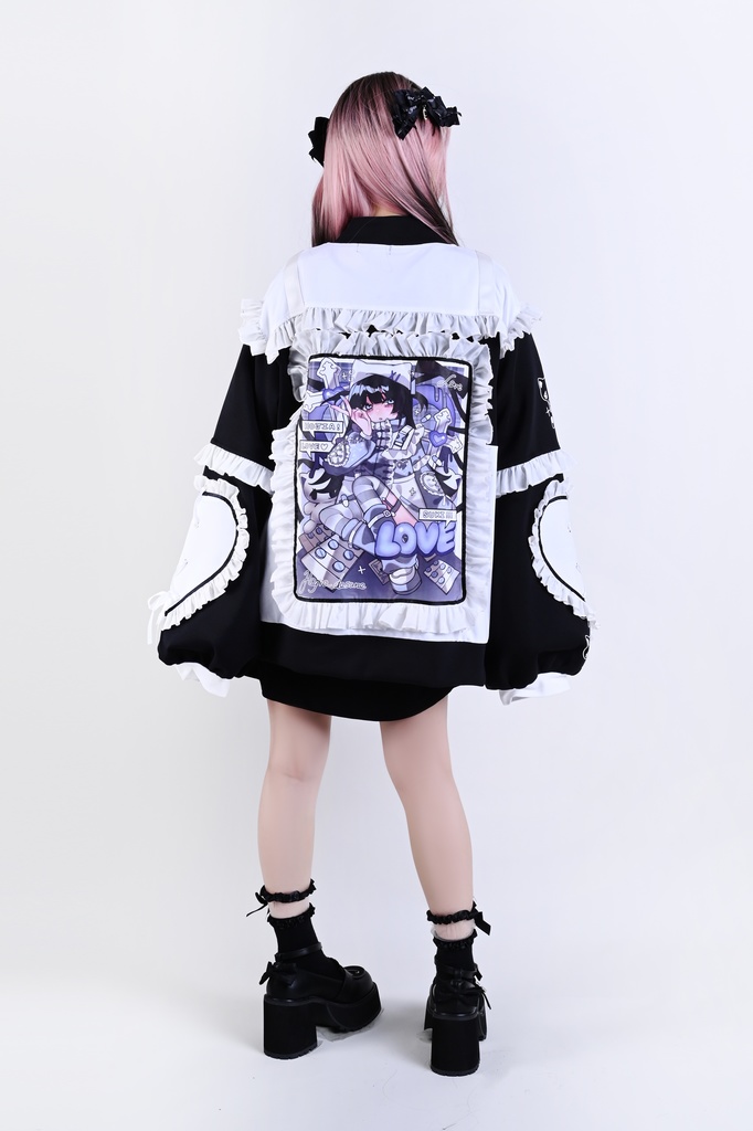 Jillpunk台湾刺青師hojia.desuneコラボ アニメ界隈 天使の処方箋 地雷系 水色系統 イラスト メンヘラ 派手カワ チャイナボタン リボン付き フリル ゆったり 長袖ジャケット 美少女 オリジナル 天使可愛い おしゃれ ファッション 原宿系