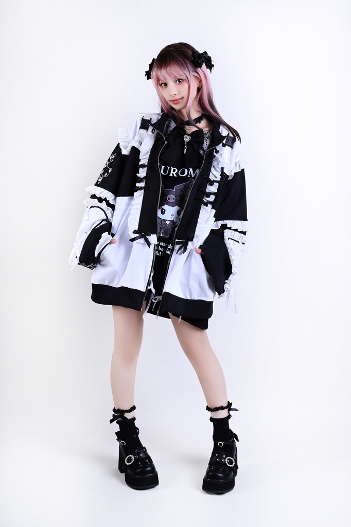 Jillpunk台湾刺青師hojia.desuneコラボ アニメ界隈 天使の処方箋 地雷系 水色系統 イラスト メンヘラ 派手カワ チャイナボタン リボン付き フリル ゆったり 長袖ジャケット 美少女 オリジナル 天使可愛い おしゃれ ファッション 原宿系