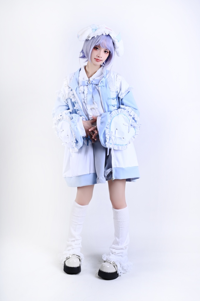 Jillpunk台湾刺青師hojia.desuneコラボ アニメ界隈 天使の処方箋 地雷系 水色系統 イラスト メンヘラ 派手カワ チャイナボタン リボン付き フリル ゆったり 長袖ジャケット 美少女 オリジナル 天使可愛い おしゃれ ファッション 原宿系