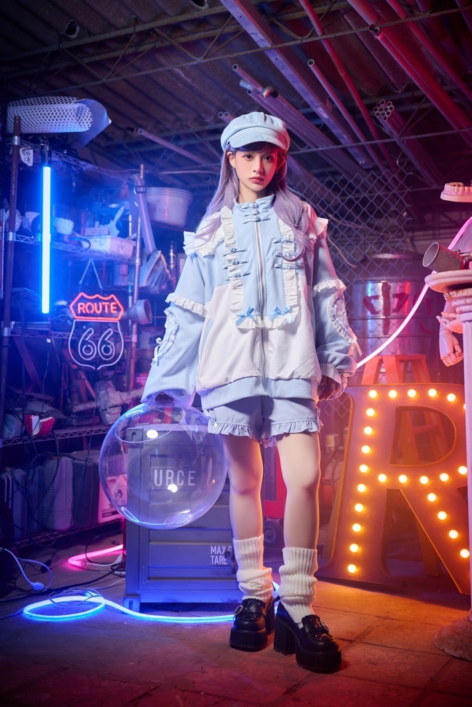 Jillpunk台湾刺青師hojia.desuneコラボ アニメ界隈 天使の処方箋 地雷系 水色系統 イラスト メンヘラ 派手カワ チャイナボタン リボン付き フリル ゆったり 長袖ジャケット 美少女 オリジナル 天使可愛い おしゃれ ファッション 原宿系