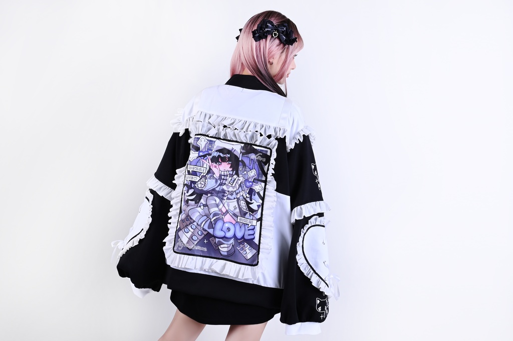 Jillpunk台湾刺青師hojia.desuneコラボ アニメ界隈 天使の処方箋 地雷系 水色系統 イラスト メンヘラ 派手カワ チャイナボタン リボン付き フリル ゆったり 長袖ジャケット 美少女 オリジナル 天使可愛い おしゃれ ファッション 原宿系
