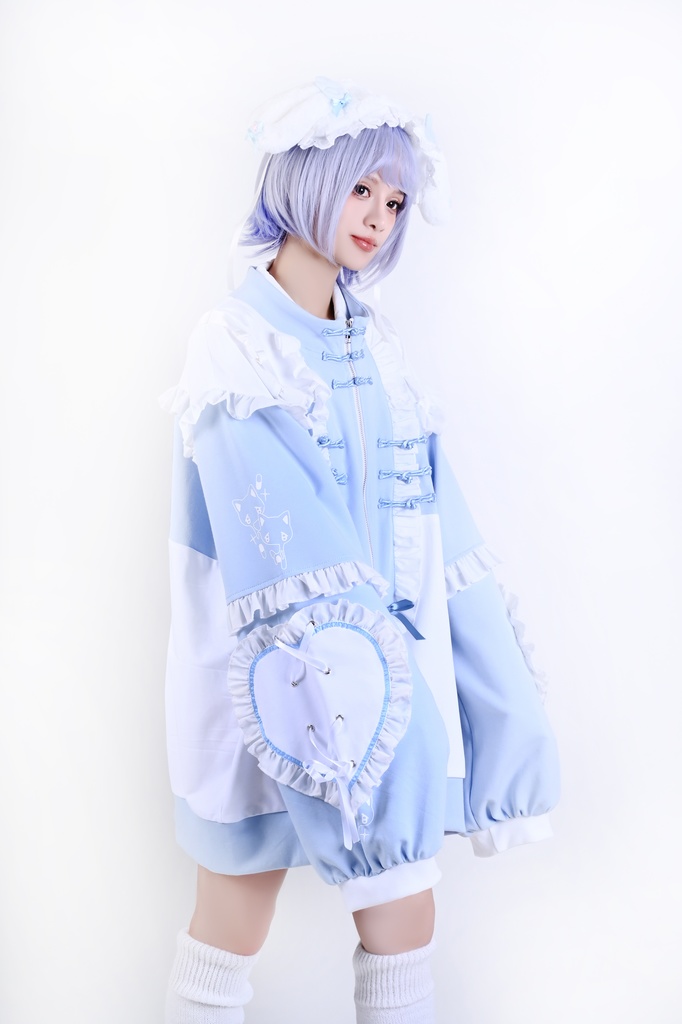 Jillpunk台湾刺青師hojia.desuneコラボ アニメ界隈 天使の処方箋 地雷系 水色系統 イラスト メンヘラ 派手カワ チャイナボタン リボン付き フリル ゆったり 長袖ジャケット 美少女 オリジナル 天使可愛い おしゃれ ファッション 原宿系