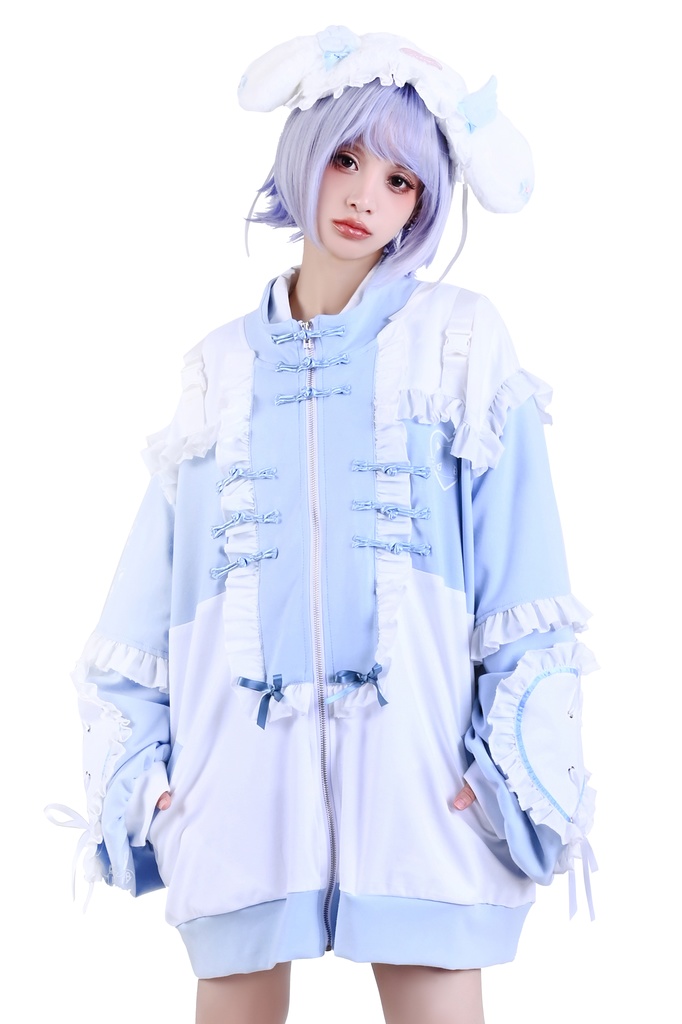 Jillpunk台湾刺青師hojia.desuneコラボ アニメ界隈 天使の処方箋 地雷系 水色系統 イラスト メンヘラ 派手カワ チャイナボタン リボン付き フリル ゆったり 長袖ジャケット 美少女 オリジナル 天使可愛い おしゃれ ファッション 原宿系