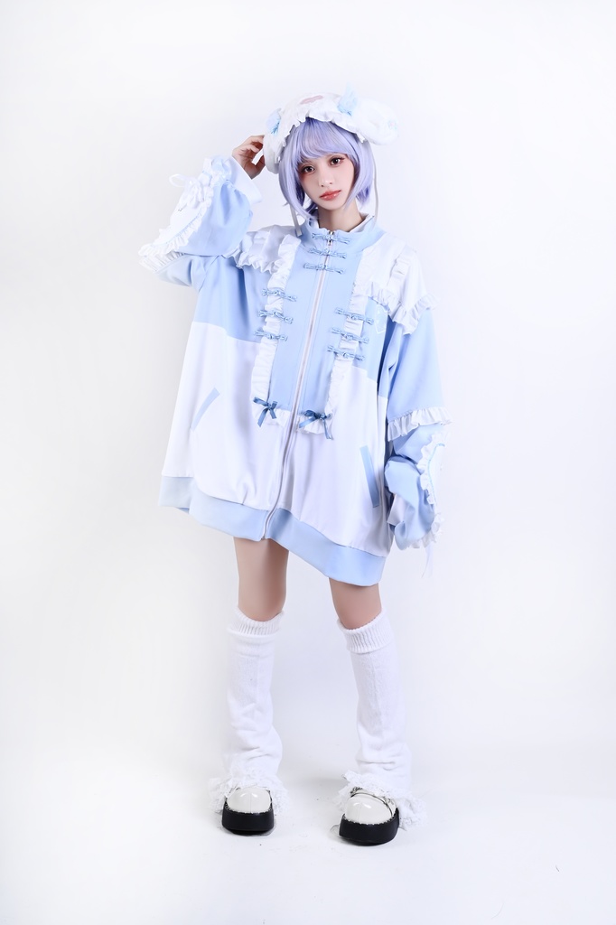 Jillpunk台湾刺青師hojia.desuneコラボ アニメ界隈 天使の処方箋 地雷系 水色系統 イラスト メンヘラ 派手カワ チャイナボタン リボン付き フリル ゆったり 長袖ジャケット 美少女 オリジナル 天使可愛い おしゃれ ファッション 原宿系