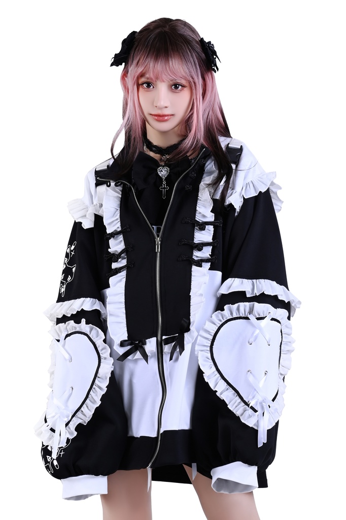 Jillpunk台湾刺青師hojia.desuneコラボ アニメ界隈 天使の処方箋 地雷系 水色系統 イラスト メンヘラ 派手カワ チャイナボタン リボン付き フリル ゆったり 長袖ジャケット 美少女 オリジナル 天使可愛い おしゃれ ファッション 原宿系