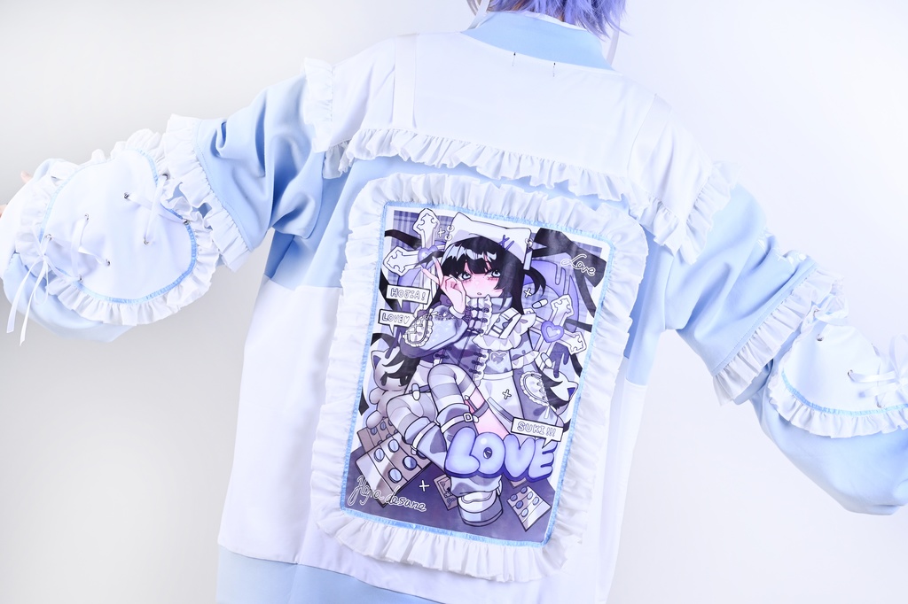 Jillpunk台湾刺青師hojia.desuneコラボ アニメ界隈 天使の処方箋 地雷系 水色系統 イラスト メンヘラ 派手カワ チャイナボタン リボン付き フリル ゆったり 長袖ジャケット 美少女 オリジナル 天使可愛い おしゃれ ファッション 原宿系