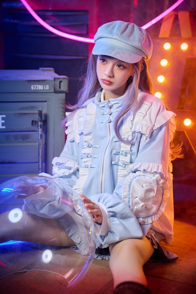 Jillpunk台湾刺青師hojia.desuneコラボ アニメ界隈 天使の処方箋 地雷系 水色系統 イラスト メンヘラ 派手カワ チャイナボタン リボン付き フリル ゆったり 長袖ジャケット 美少女 オリジナル 天使可愛い おしゃれ ファッション 原宿系