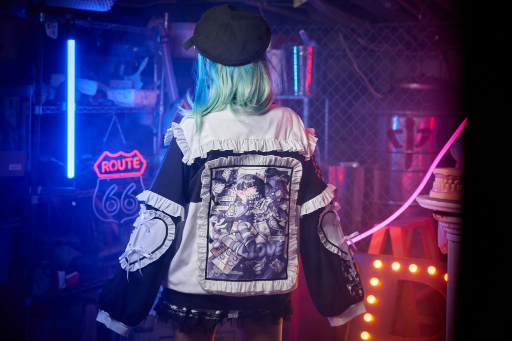 Jillpunk台湾刺青師hojia.desuneコラボ アニメ界隈 天使の処方箋 地雷系 水色系統 イラスト メンヘラ 派手カワ チャイナボタン リボン付き フリル ゆったり 長袖ジャケット 美少女 オリジナル 天使可愛い おしゃれ ファッション 原宿系