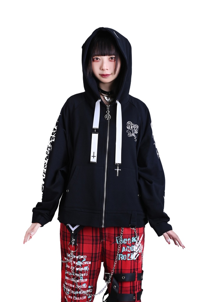 Jillpunk ゑいたコラボ サブカル 水色 堕天雄羊 天使の羊 二次コン可愛いパンク 五角星クロスチャーム ゆったり 羊耳 長袖マウンテンパーカー フード付きジャケット オリジナル カッコいい おしゃれ男女兼用