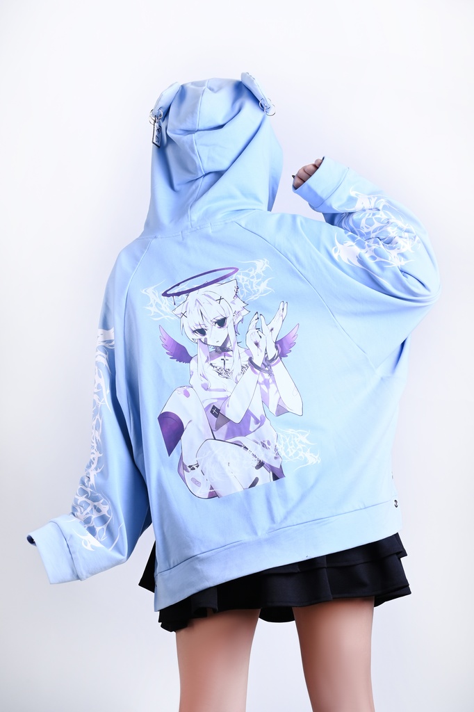 Jillpunk ゑいたコラボ サブカル 水色 堕天雄羊 天使の羊 二次コン可愛いパンク 五角星クロスチャーム ゆったり 羊耳 長袖マウンテンパーカー フード付きジャケット オリジナル カッコいい おしゃれ男女兼用