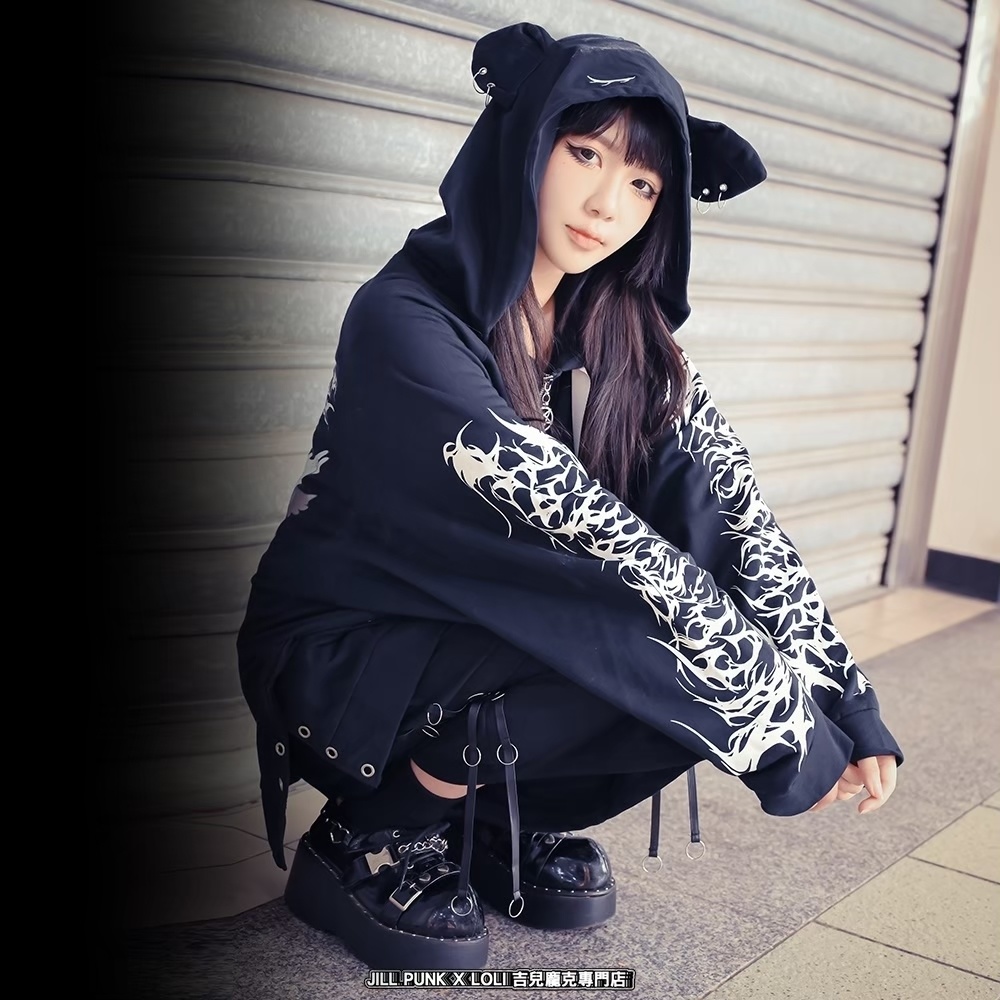 Jillpunk ゑいたコラボ サブカル 水色 堕天雄羊 天使の羊 二次コン可愛いパンク 五角星クロスチャーム ゆったり 羊耳 長袖マウンテンパーカー フード付きジャケット オリジナル カッコいい おしゃれ男女兼用