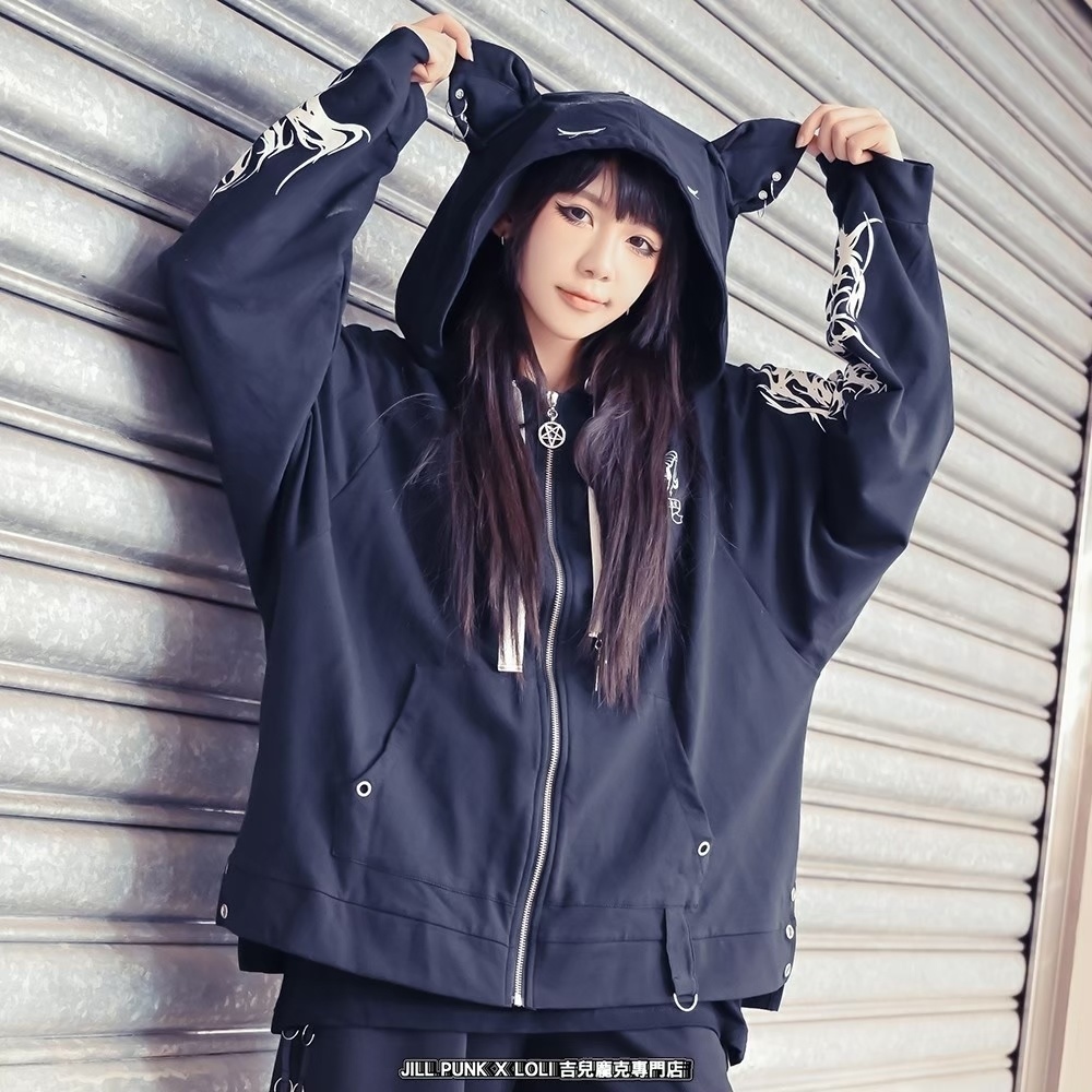 Jillpunk ゑいたコラボ サブカル 水色 堕天雄羊 天使の羊 二次コン可愛いパンク 五角星クロスチャーム ゆったり 羊耳 長袖マウンテンパーカー フード付きジャケット オリジナル カッコいい おしゃれ男女兼用