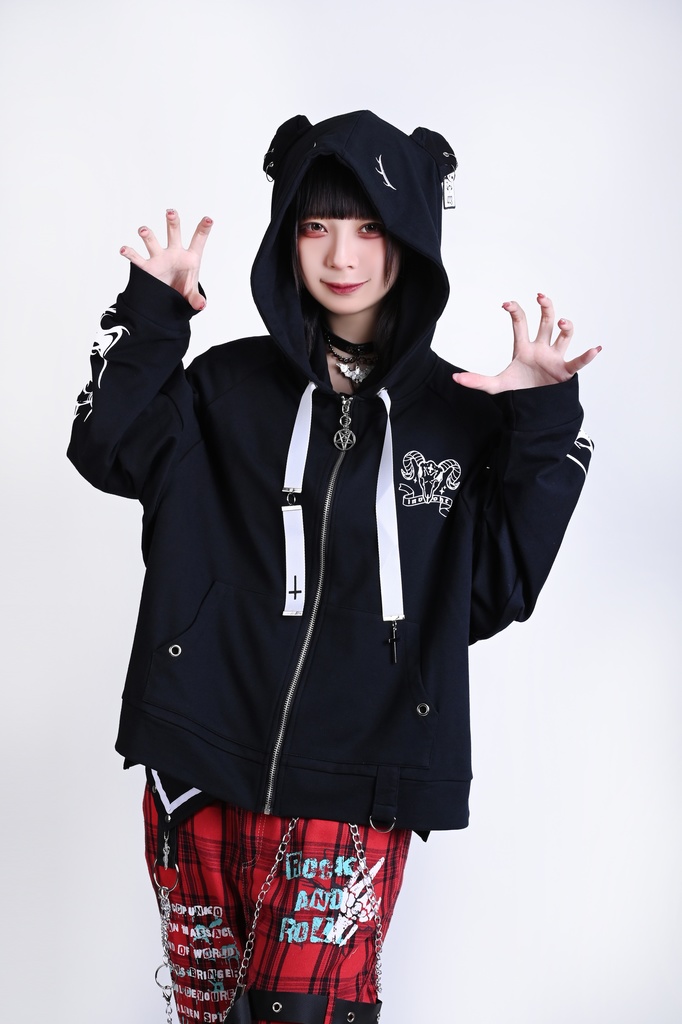 Jillpunk ゑいたコラボ サブカル 水色 堕天雄羊 天使の羊 二次コン可愛いパンク 五角星クロスチャーム ゆったり 羊耳 長袖マウンテンパーカー フード付きジャケット オリジナル カッコいい おしゃれ男女兼用