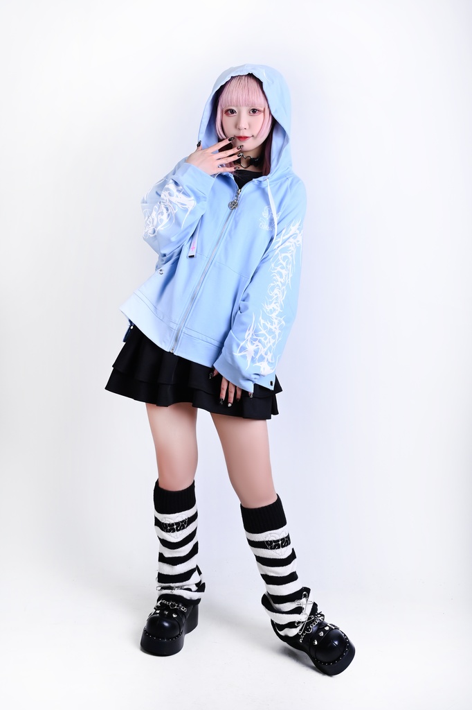 Jillpunk ゑいたコラボ サブカル 水色 堕天雄羊 天使の羊 二次コン可愛いパンク 五角星クロスチャーム ゆったり 羊耳 長袖マウンテンパーカー フード付きジャケット オリジナル カッコいい おしゃれ男女兼用