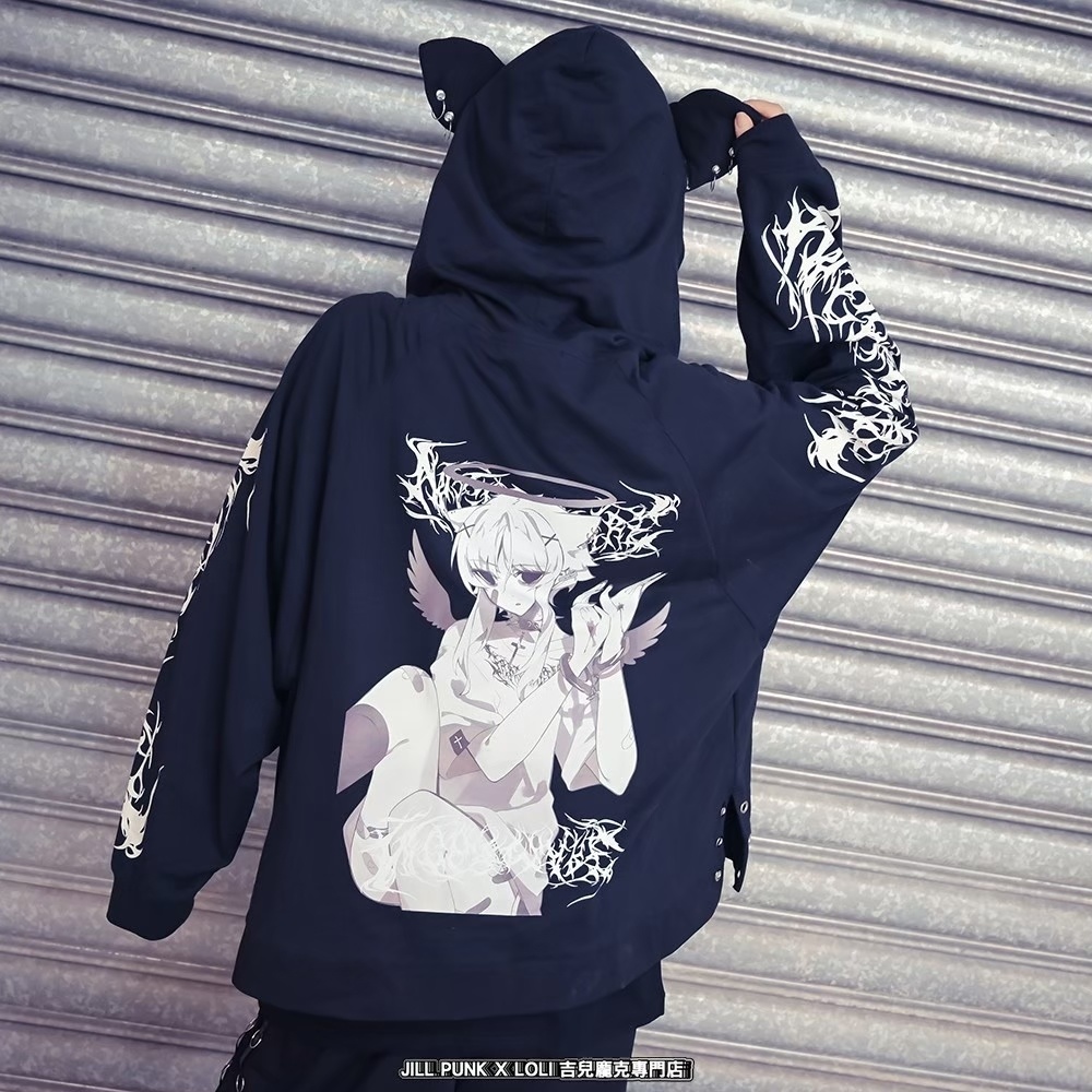 Jillpunk ゑいたコラボ サブカル 水色 堕天雄羊 天使の羊 二次コン可愛いパンク 五角星クロスチャーム ゆったり 羊耳 長袖マウンテンパーカー フード付きジャケット オリジナル カッコいい おしゃれ男女兼用