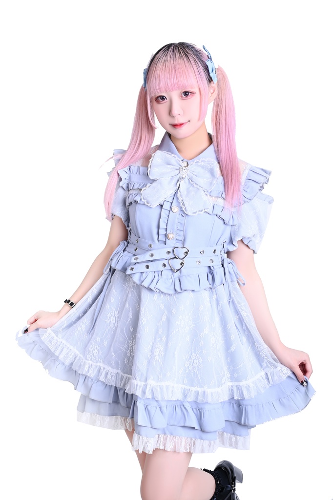 Jillpunk 量産型 天使界隈 ゴシックロリータ サイレント夢境 透け花レース 蝶ネクタイ ベルト付き フリル 肩出し 半袖ワンピース シャツドレス 姫系 可愛い おしゃれ ファッション萌え 秋葉原