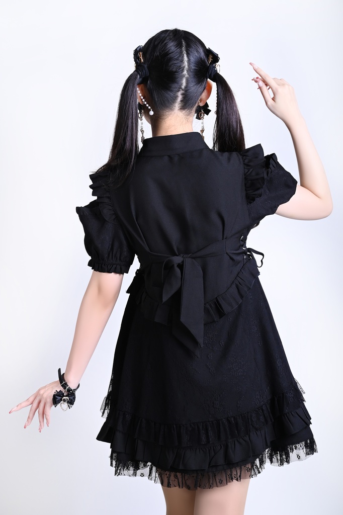 Jillpunk 量産型 天使界隈 ゴシックロリータ サイレント夢境 透け花レース 蝶ネクタイ ベルト付き フリル 肩出し 半袖ワンピース シャツドレス 姫系 可愛い おしゃれ ファッション萌え 秋葉原