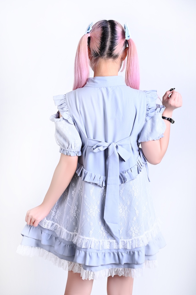 Jillpunk 量産型 天使界隈 ゴシックロリータ サイレント夢境 透け花レース 蝶ネクタイ ベルト付き フリル 肩出し 半袖ワンピース シャツドレス 姫系 可愛い おしゃれ ファッション萌え 秋葉原