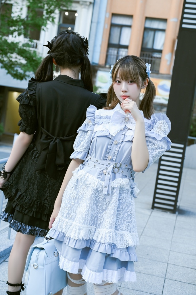 Jillpunk 量産型 天使界隈 ゴシックロリータ サイレント夢境 透け花レース 蝶ネクタイ ベルト付き フリル 肩出し 半袖ワンピース シャツドレス 姫系 可愛い おしゃれ ファッション萌え 秋葉原