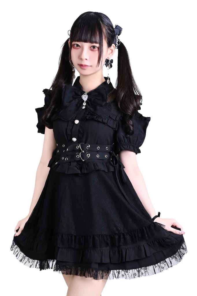 Jillpunk 量産型 天使界隈 ゴシックロリータ サイレント夢境 透け花レース 蝶ネクタイ ベルト付き フリル 肩出し 半袖ワンピース シャツドレス 姫系 可愛い おしゃれ ファッション萌え 秋葉原