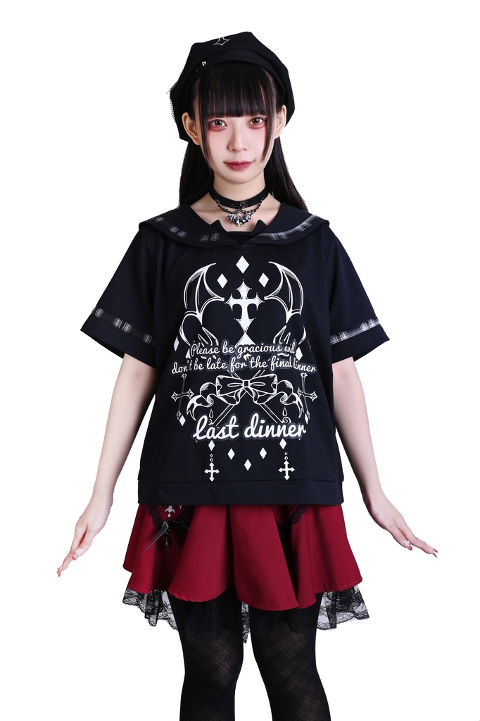 Jillpunk 和洋折衷 ヤンキーJK ゴシック 最後の晩宴 タータンチェック柄 コルセットピアス レースアップ 蝶ネクタイ付き セーラー服 半袖カットソー 男女兼用 オリジナル メンズ レディーカッコいい おしゃれ 男女兼用ファッション