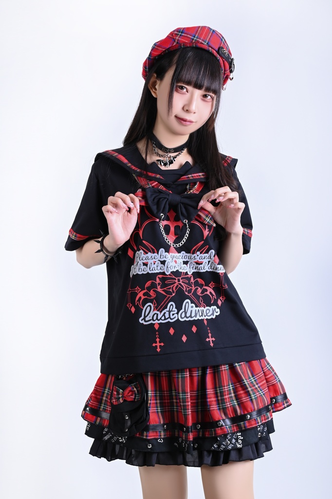 Jillpunk 和洋折衷 ヤンキーJK ゴシック 最後の晩宴 タータンチェック柄 コルセットピアス レースアップ 蝶ネクタイ付き セーラー服 半袖カットソー 男女兼用 オリジナル メンズ レディーカッコいい おしゃれ 男女兼用ファッション