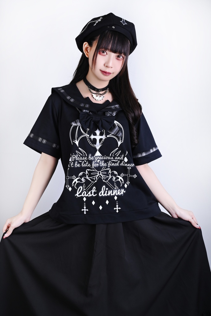 Jillpunk 和洋折衷 ヤンキーJK ゴシック 最後の晩宴 タータンチェック柄 コルセットピアス レースアップ 蝶ネクタイ付き セーラー服 半袖カットソー 男女兼用 オリジナル メンズ レディーカッコいい おしゃれ 男女兼用ファッション