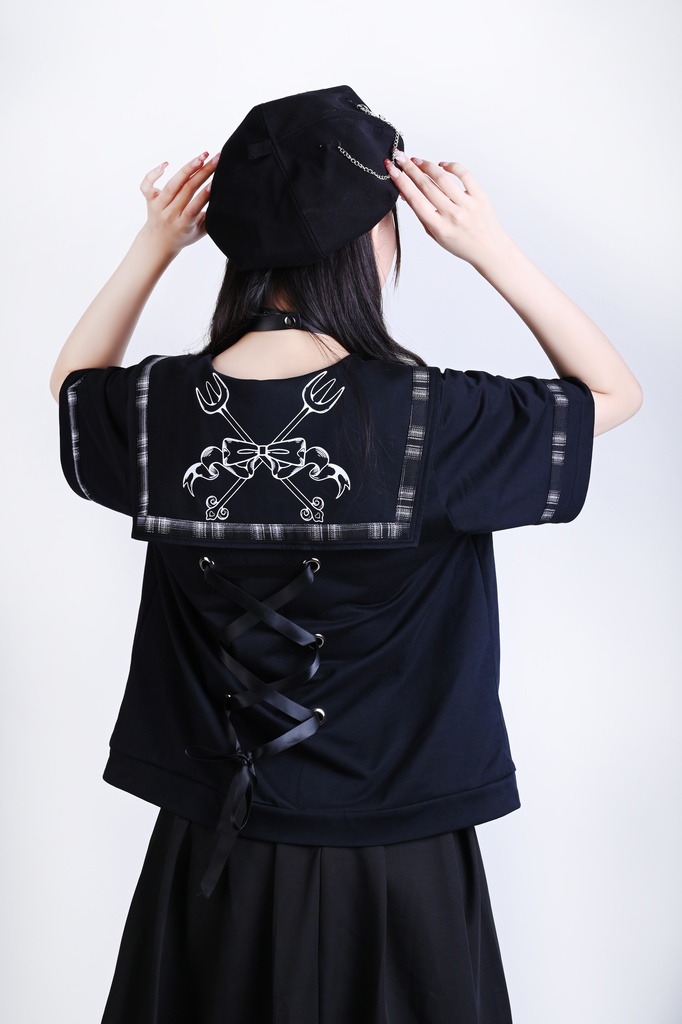 Jillpunk 和洋折衷 ヤンキーJK ゴシック 最後の晩宴 タータンチェック柄 コルセットピアス レースアップ 蝶ネクタイ付き セーラー服 半袖カットソー 男女兼用 オリジナル メンズ レディーカッコいい おしゃれ 男女兼用ファッション