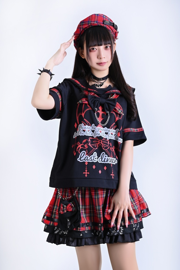 Jillpunk 和洋折衷 ヤンキーJK ゴシック 最後の晩宴 タータンチェック柄 コルセットピアス レースアップ 蝶ネクタイ付き セーラー服 半袖カットソー 男女兼用 オリジナル メンズ レディーカッコいい おしゃれ 男女兼用ファッション