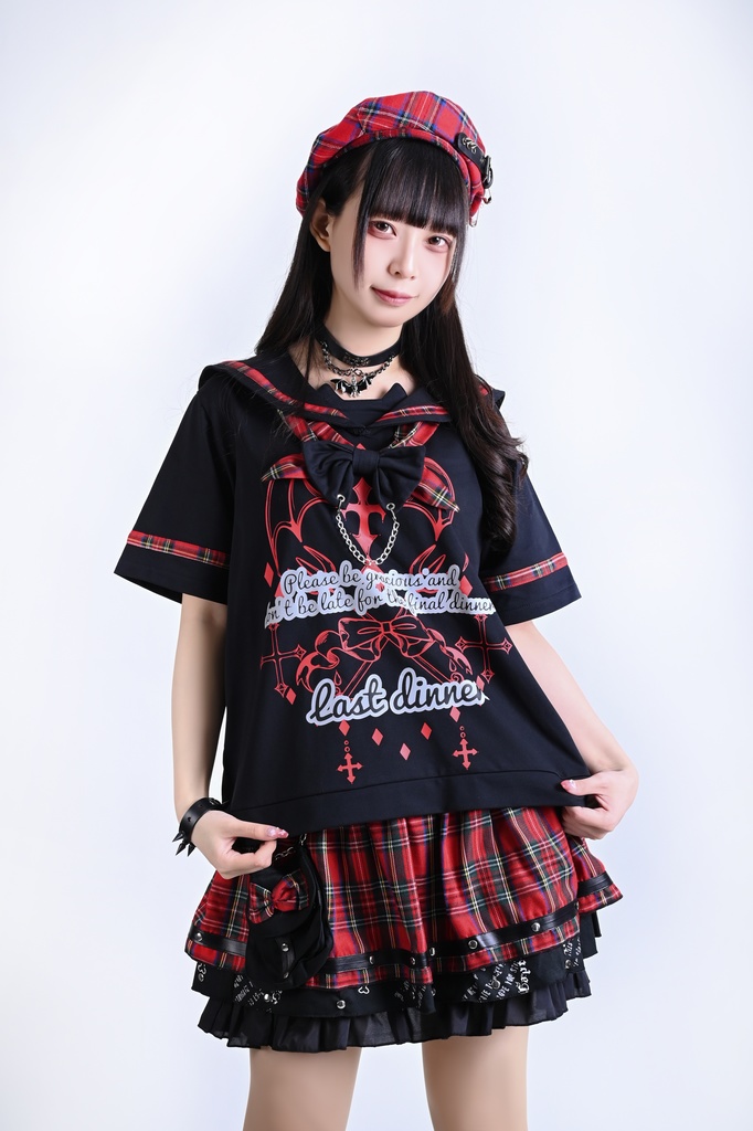 Jillpunk 和洋折衷 ヤンキーJK ゴシック 最後の晩宴 タータンチェック柄 コルセットピアス レースアップ 蝶ネクタイ付き セーラー服 半袖カットソー 男女兼用 オリジナル メンズ レディーカッコいい おしゃれ 男女兼用ファッション