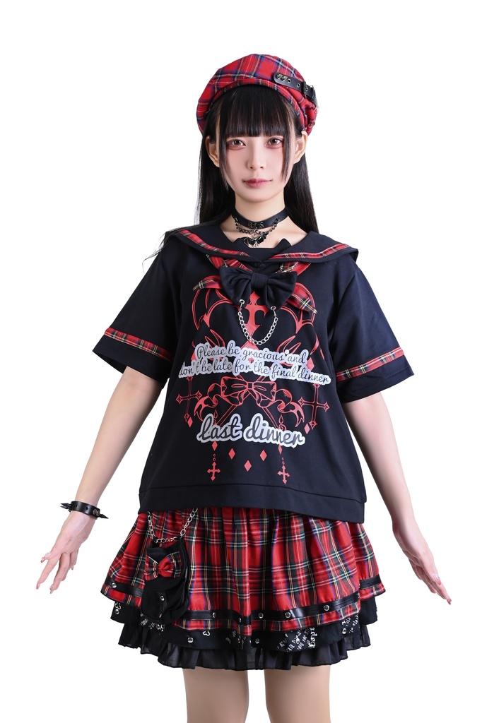 Jillpunk 和洋折衷 ヤンキーJK ゴシック 最後の晩宴 タータンチェック柄 コルセットピアス レースアップ 蝶ネクタイ付き セーラー服 半袖カットソー 男女兼用 オリジナル メンズ レディーカッコいい おしゃれ 男女兼用ファッション