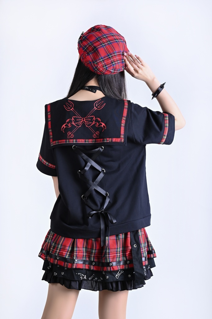 Jillpunk 和洋折衷 ヤンキーJK ゴシック 最後の晩宴 タータンチェック柄 コルセットピアス レースアップ 蝶ネクタイ付き セーラー服 半袖カットソー 男女兼用 オリジナル メンズ レディーカッコいい おしゃれ 男女兼用ファッション