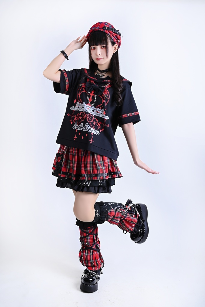 Jillpunk 和洋折衷 ヤンキーJK ゴシック 最後の晩宴 タータンチェック柄 コルセットピアス レースアップ 蝶ネクタイ付き セーラー服 半袖カットソー 男女兼用 オリジナル メンズ レディーカッコいい おしゃれ 男女兼用ファッション