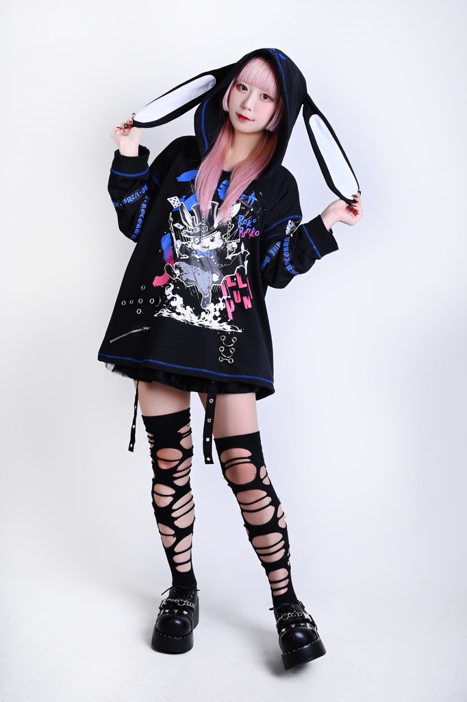 Jillpunk可愛いパンク ハロウィン 原宿系 派手かわ 20周年記念限定 ジョーカーうさぎ魔術師 取り外し可能袖 飾り縫い 2way兎耳 ゆったり長袖パーカー パンクメンズ レディースV系男女兼用ファッション秋葉系カッコいい