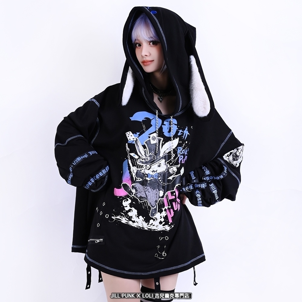 Jillpunk可愛いパンク ハロウィン 原宿系 派手かわ 20周年記念限定 ジョーカーうさぎ魔術師 取り外し可能袖 飾り縫い 2way兎耳 ゆったり長袖パーカー パンクメンズ レディースV系男女兼用ファッション秋葉系カッコいい