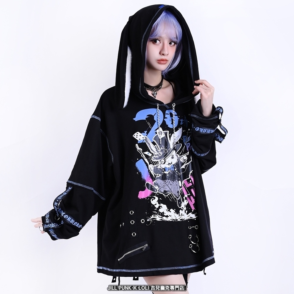 Jillpunk可愛いパンク ハロウィン 原宿系 派手かわ 20周年記念限定 ジョーカーうさぎ魔術師 取り外し可能袖 飾り縫い 2way兎耳 ゆったり長袖パーカー パンクメンズ レディースV系男女兼用ファッション秋葉系カッコいい