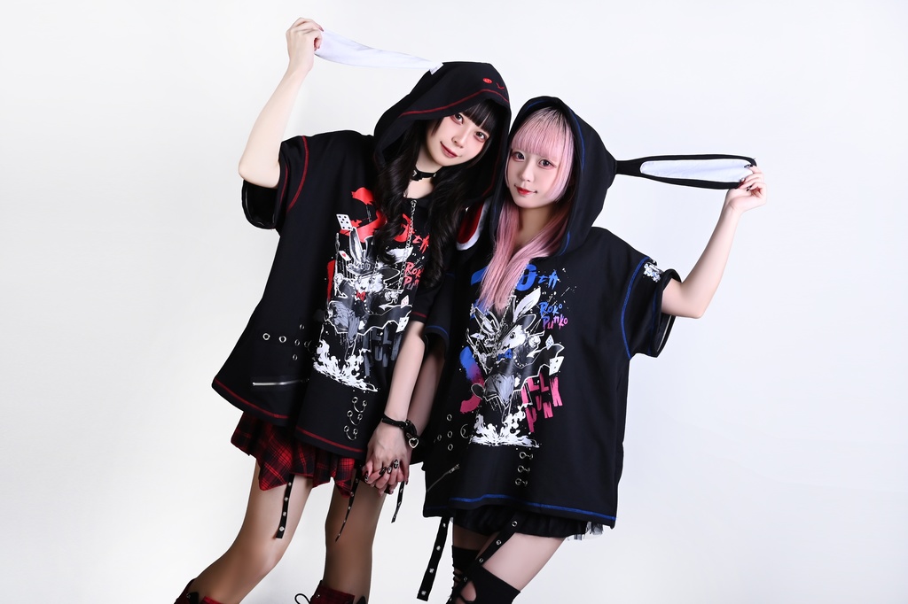 Jillpunk可愛いパンク ハロウィン 原宿系 派手かわ 20周年記念限定 ジョーカーうさぎ魔術師 取り外し可能袖 飾り縫い 2way兎耳 ゆったり長袖パーカー パンクメンズ レディースV系男女兼用ファッション秋葉系カッコいい