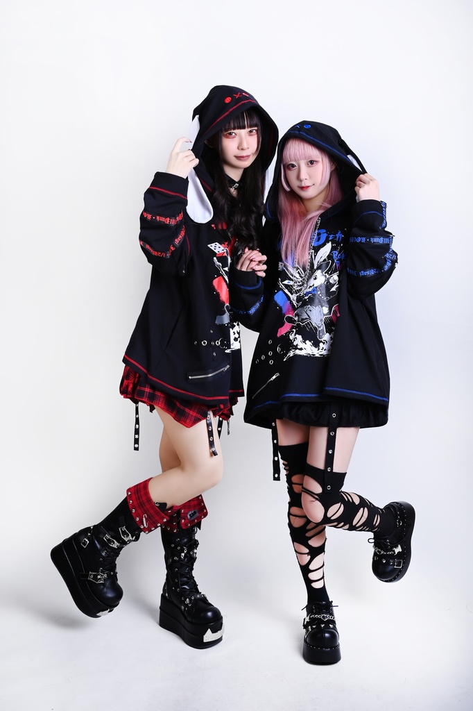 Jillpunk可愛いパンク ハロウィン 原宿系 派手かわ 20周年記念限定 ジョーカーうさぎ魔術師 取り外し可能袖 飾り縫い 2way兎耳 ゆったり長袖パーカー パンクメンズ レディースV系男女兼用ファッション秋葉系カッコいい