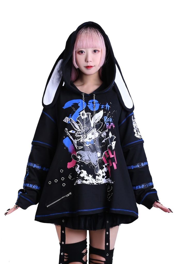 Jillpunk可愛いパンク ハロウィン 原宿系 派手かわ 20周年記念限定 ジョーカーうさぎ魔術師 取り外し可能袖 飾り縫い 2way兎耳 ゆったり長袖パーカー パンクメンズ レディースV系男女兼用ファッション秋葉系カッコいい