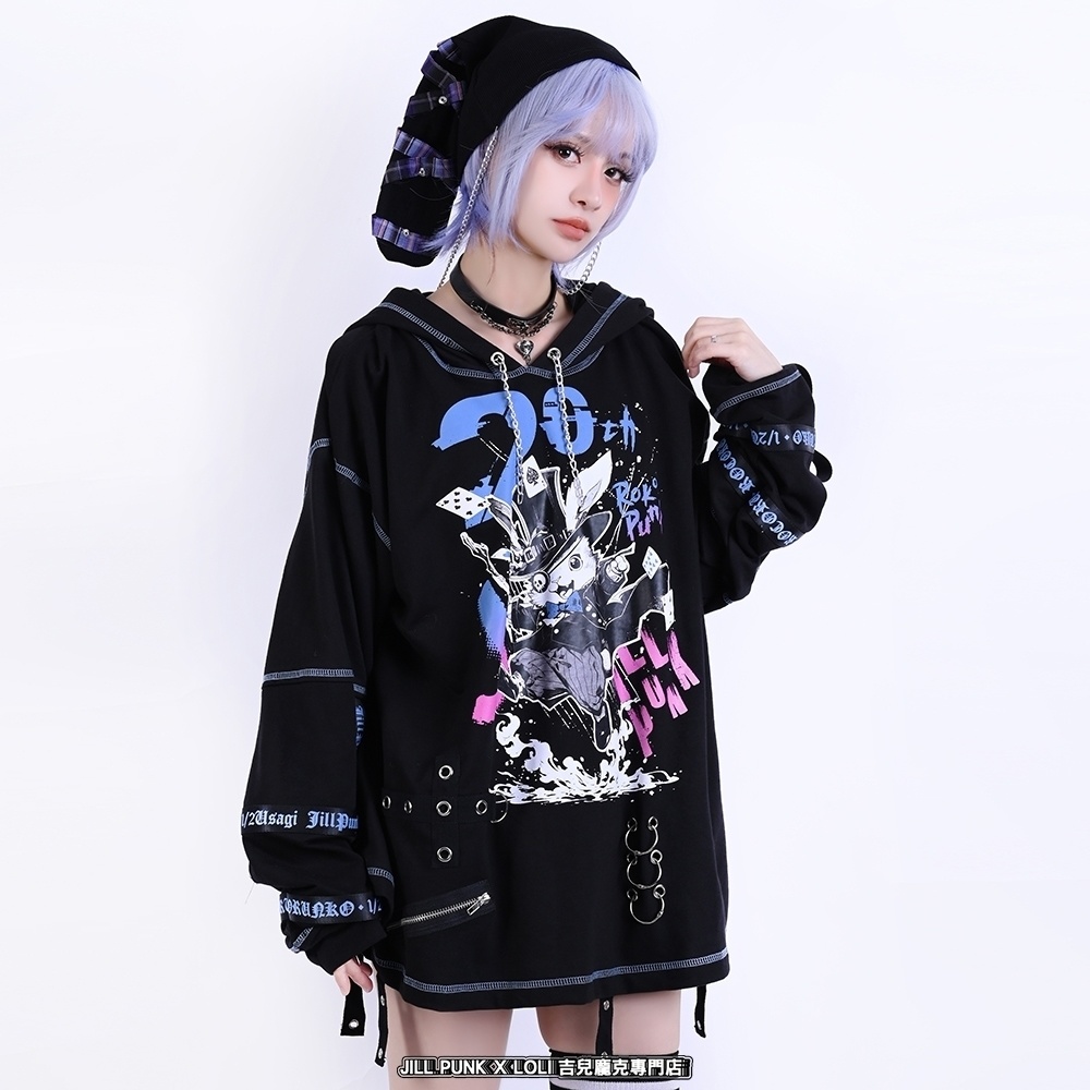 Jillpunk可愛いパンク ハロウィン 原宿系 派手かわ 20周年記念限定 ジョーカーうさぎ魔術師 取り外し可能袖 飾り縫い 2way兎耳 ゆったり長袖パーカー パンクメンズ レディースV系男女兼用ファッション秋葉系カッコいい