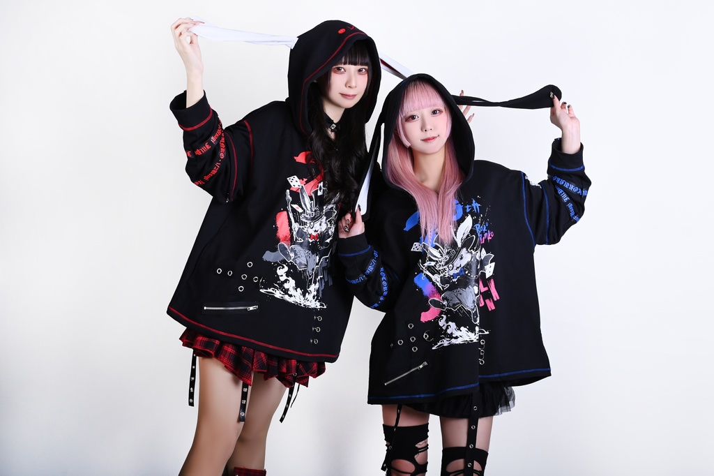 Jillpunk可愛いパンク ハロウィン 原宿系 派手かわ 20周年記念限定 ジョーカーうさぎ魔術師 取り外し可能袖 飾り縫い 2way兎耳 ゆったり長袖パーカー パンクメンズ レディースV系男女兼用ファッション秋葉系カッコいい