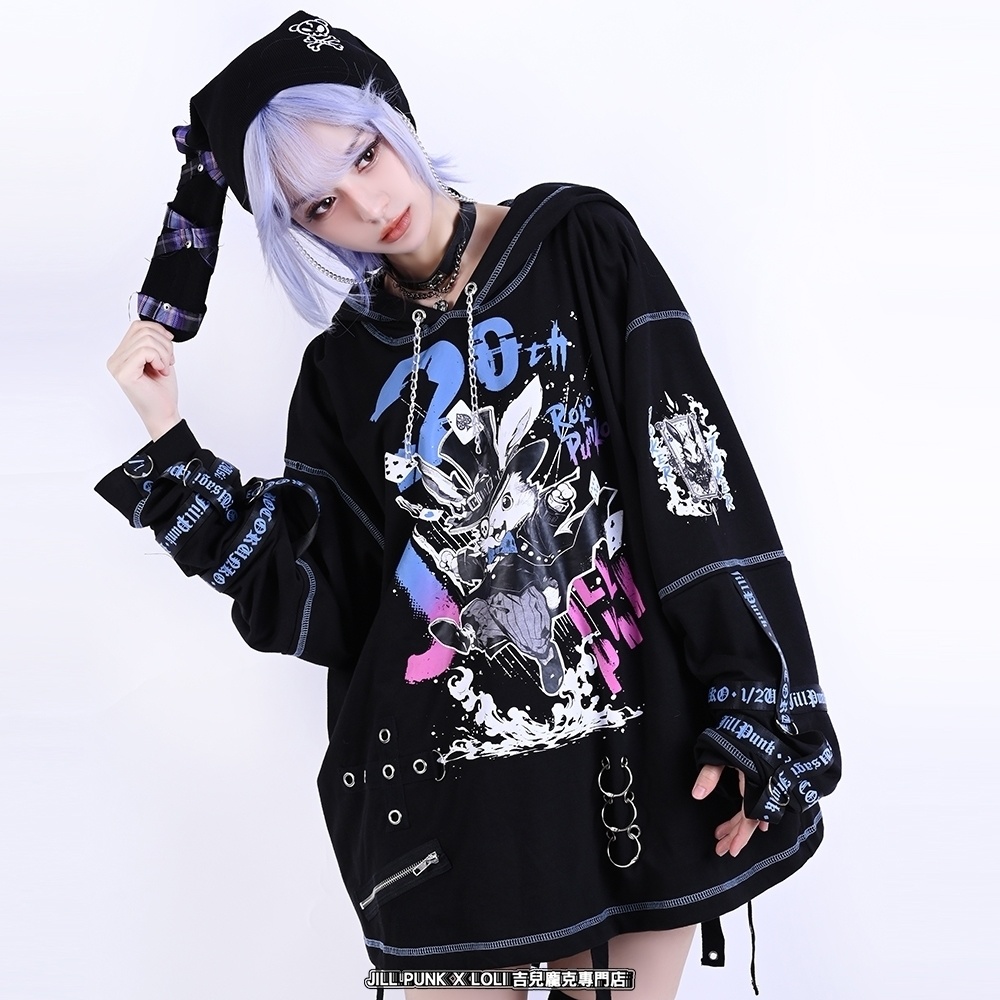 Jillpunk可愛いパンク ハロウィン 原宿系 派手かわ 20周年記念限定 ジョーカーうさぎ魔術師 取り外し可能袖 飾り縫い 2way兎耳 ゆったり長袖パーカー パンクメンズ レディースV系男女兼用ファッション秋葉系カッコいい