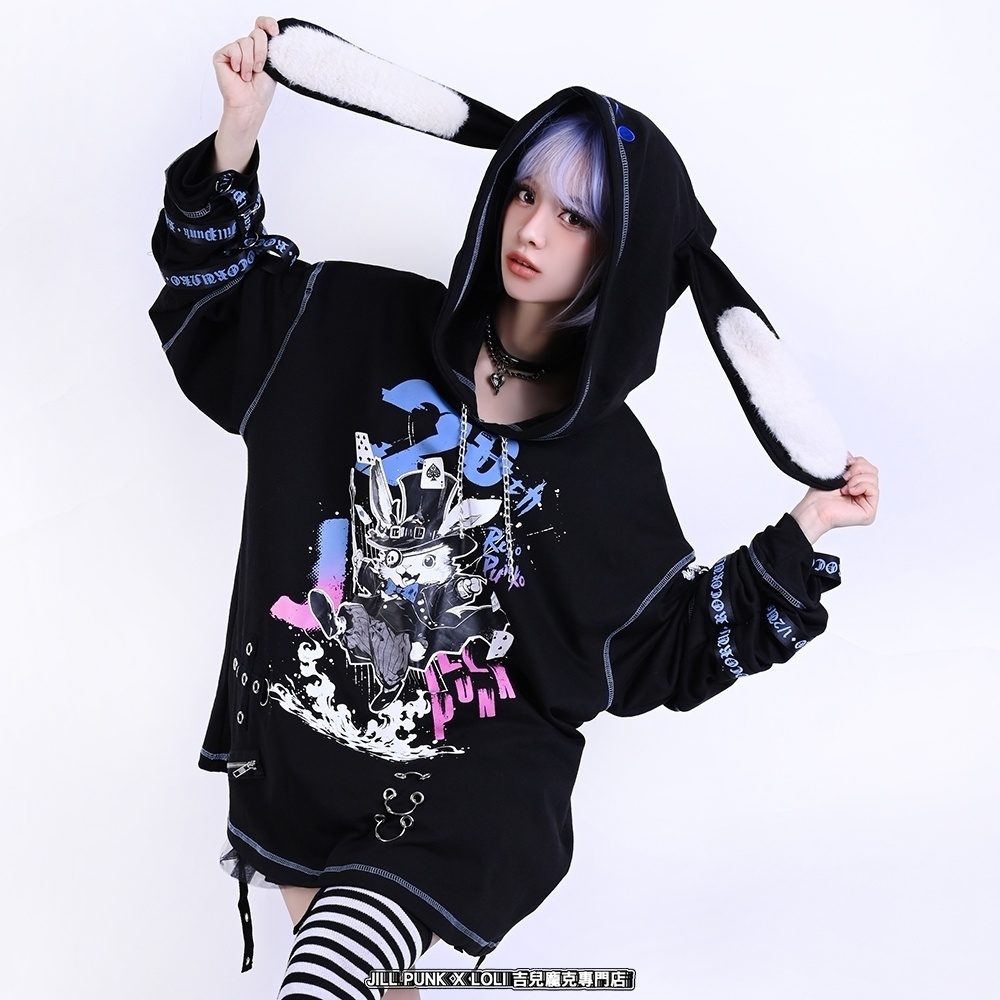 Jillpunk可愛いパンク ハロウィン 原宿系 派手かわ 20周年記念限定 ジョーカーうさぎ魔術師 取り外し可能袖 飾り縫い 2way兎耳 ゆったり長袖パーカー パンクメンズ レディースV系男女兼用ファッション秋葉系カッコいい