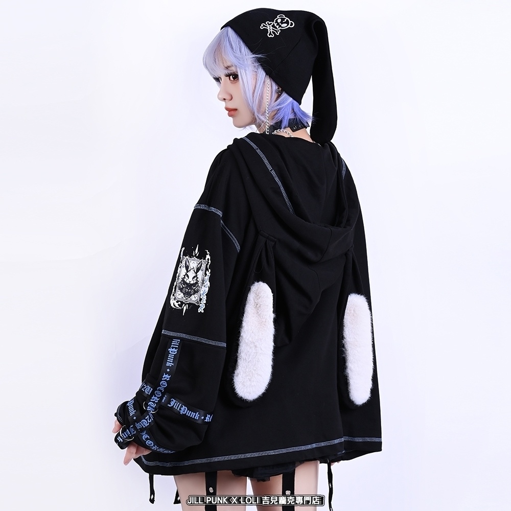 Jillpunk可愛いパンク ハロウィン 原宿系 派手かわ 20周年記念限定 ジョーカーうさぎ魔術師 取り外し可能袖 飾り縫い 2way兎耳 ゆったり長袖パーカー パンクメンズ レディースV系男女兼用ファッション秋葉系カッコいい