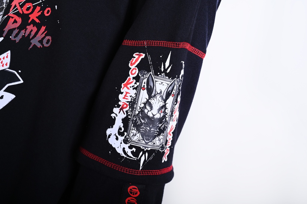 Jillpunk可愛いパンク ハロウィン 原宿系 派手かわ 20周年記念限定 ジョーカーうさぎ魔術師 取り外し可能袖 飾り縫い 2way兎耳 ゆったり長袖パーカー パンクメンズ レディースV系男女兼用ファッション秋葉系カッコいい